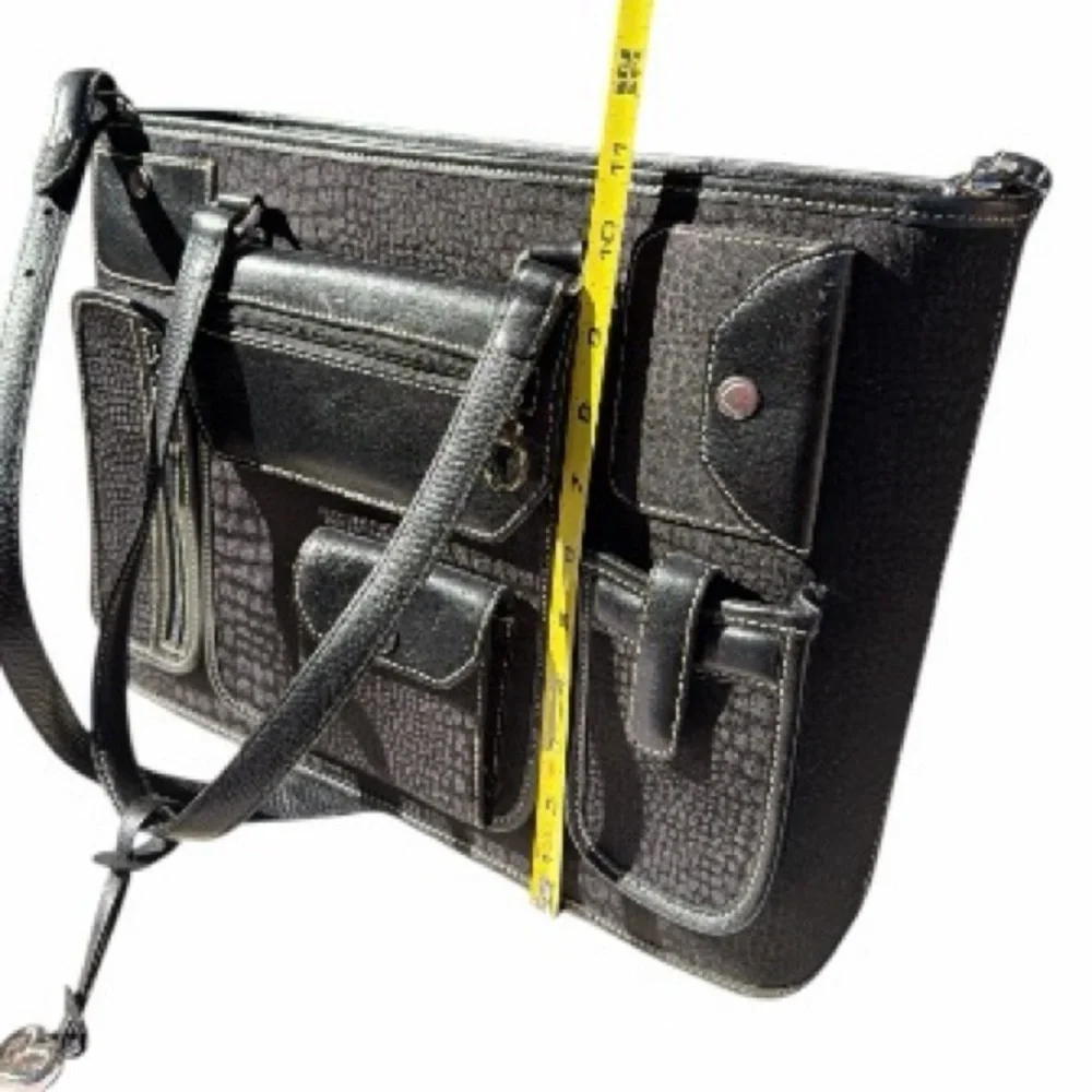 Vintage Brighton Black Leather Briefcase Laptop Bag Multi Pocket Travel Tote